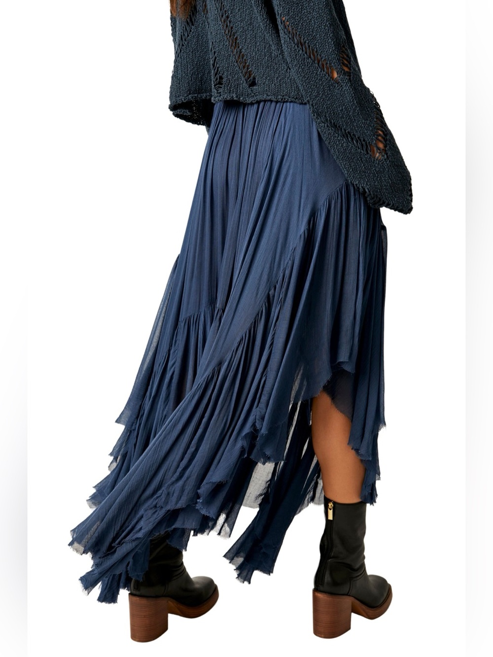 Free People Clover Handkerchief Hem Maxi Skirt in Navy - Picture 2 of 10